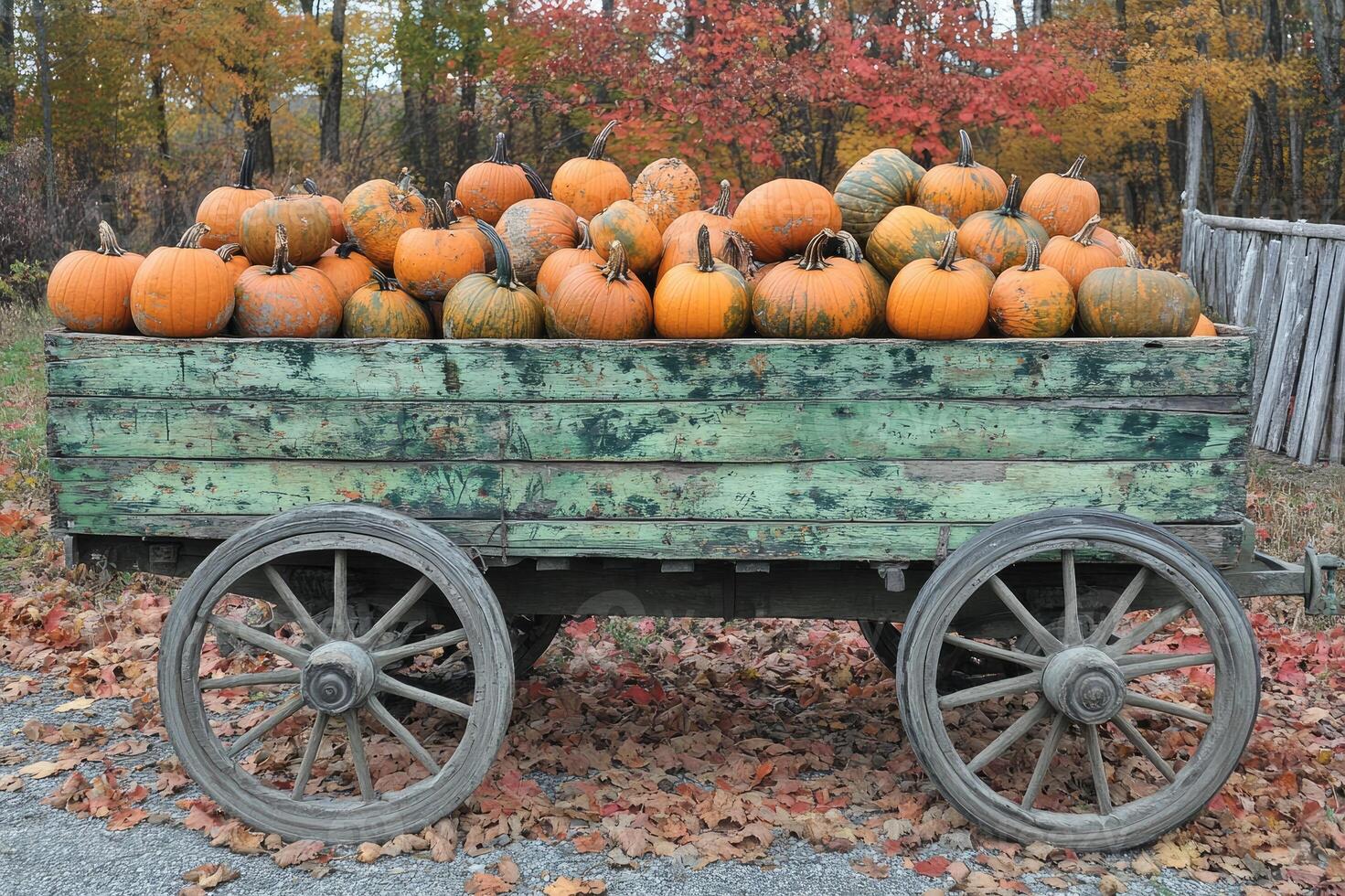 Pumpkins filling a rustic wooden wagon in autumn scenery photo