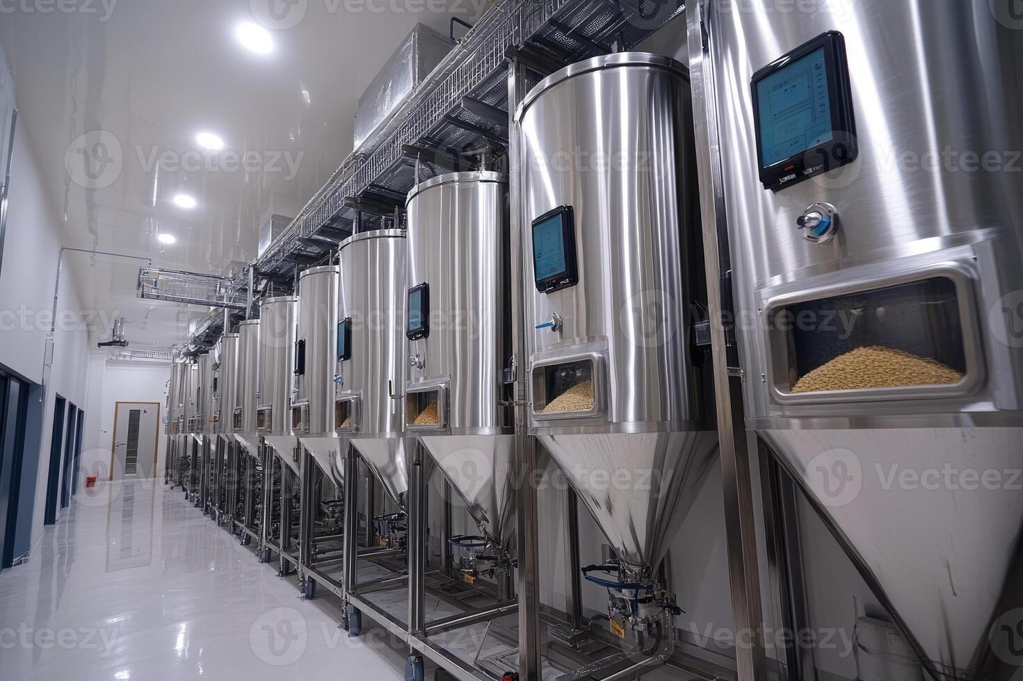 Modern automated brewery equipment storing hops and grains for craft beer production photo