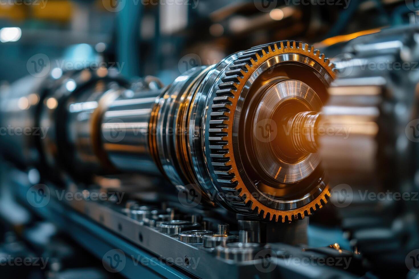 Close-up of industrial gears rotating smoothly in complex machinery photo
