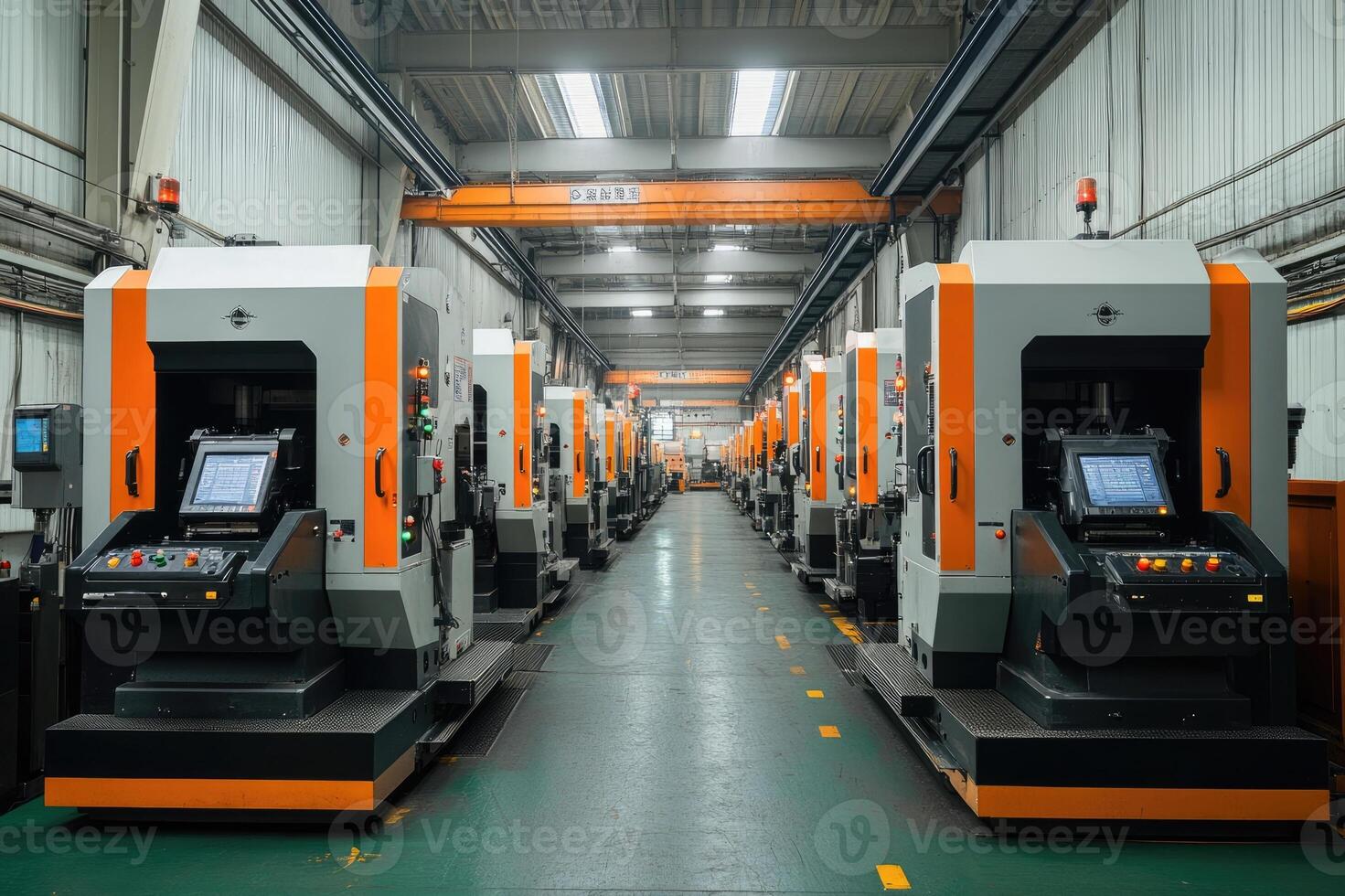 Modern cnc machines standing in automated factory workshop photo