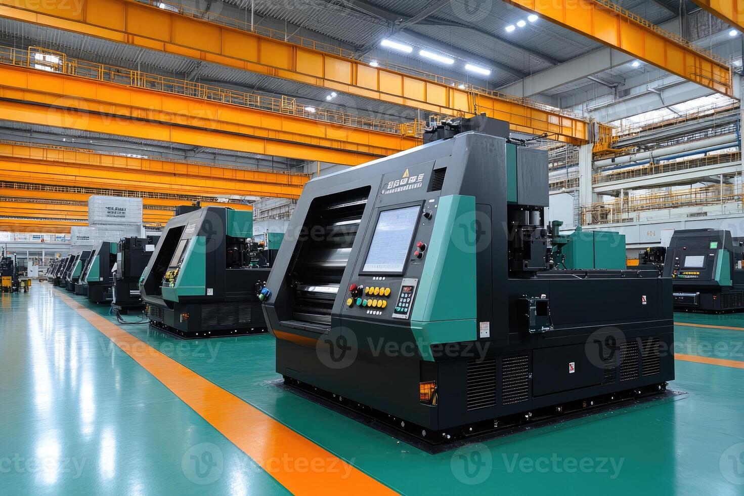 Modern industrial machines operating in factory setting photo