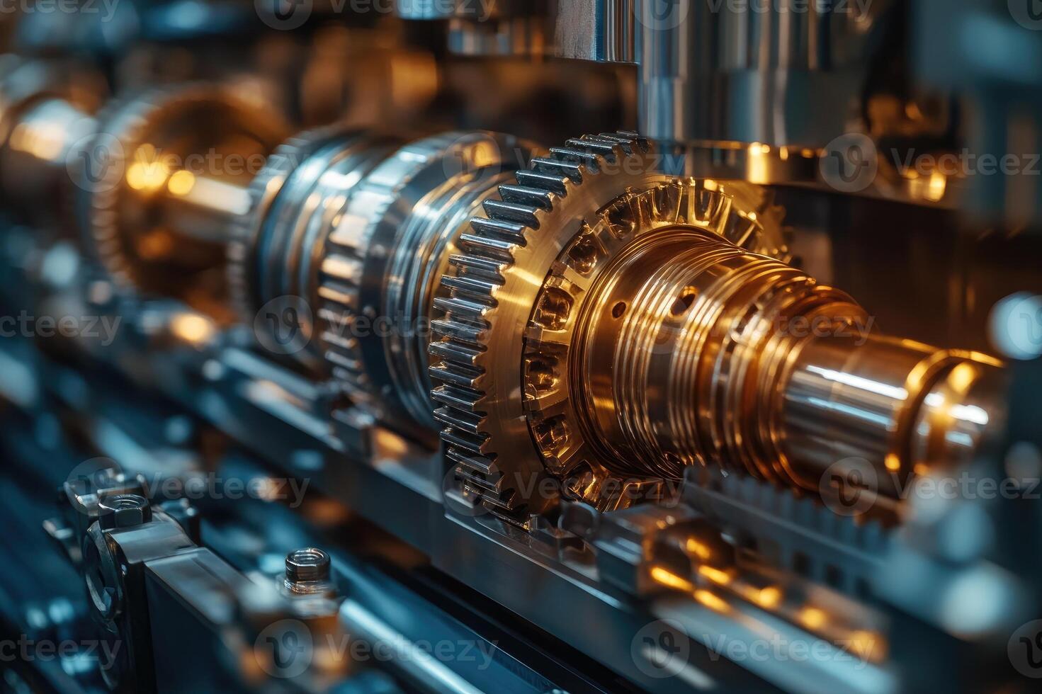 Close-up of industrial gears rotating smoothly in complex machinery photo