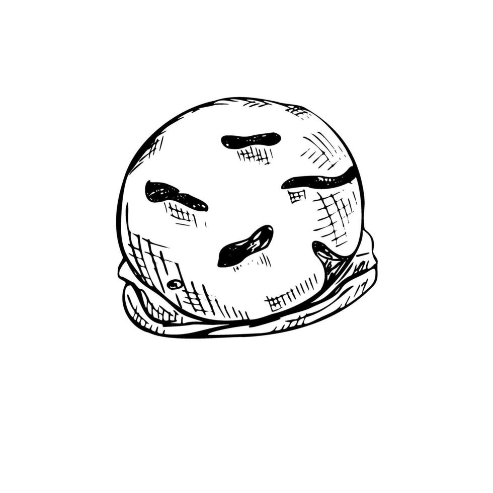 Ice cream ball with chocolate pieces inside hand drawn sketch painted by black inks. Monochrome sweet frozen dessert element etching drawing for label design, packaging, menu decor vector