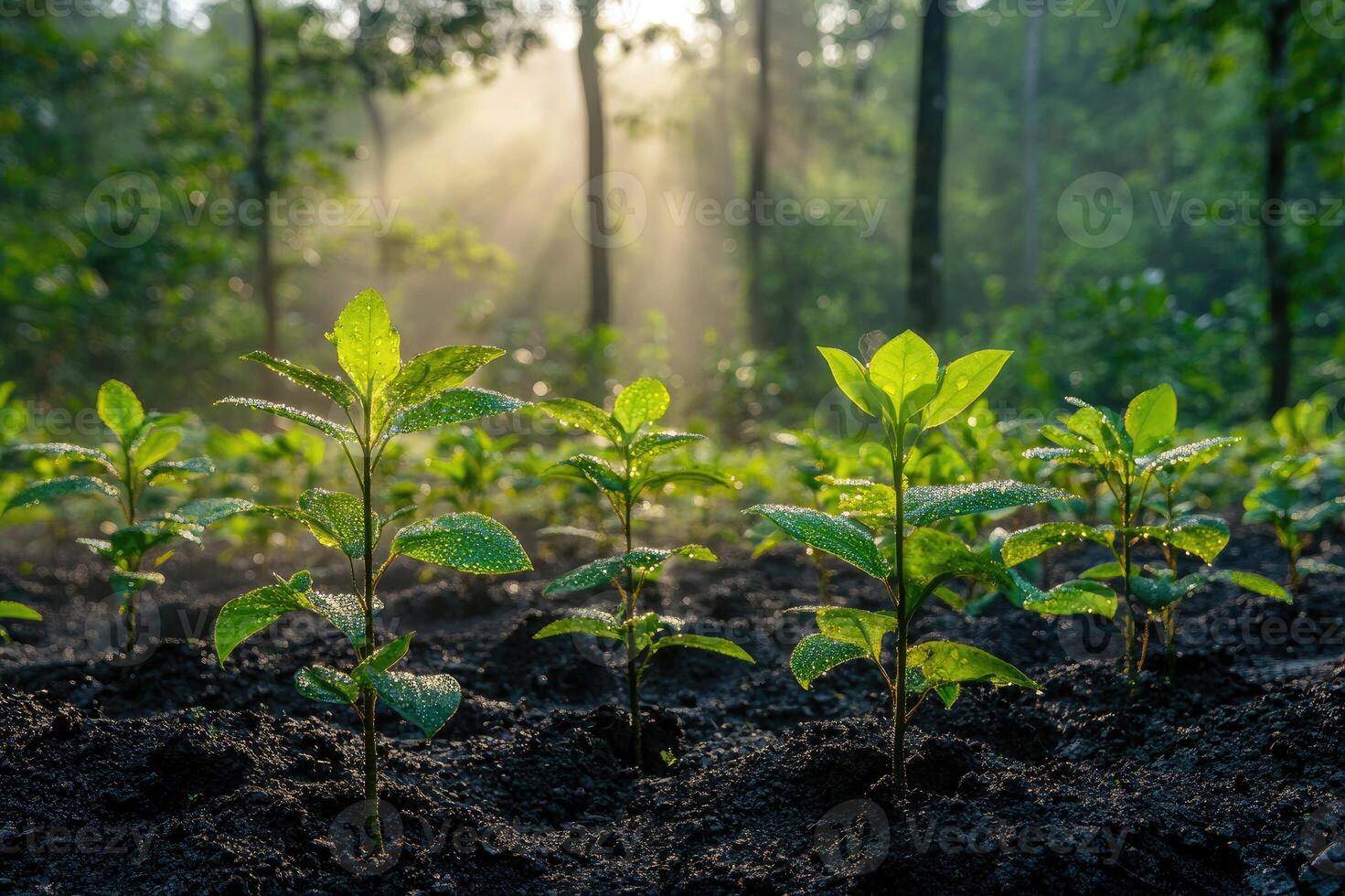 New green seedlings growing in fertile soil in the forest at dawn photo
