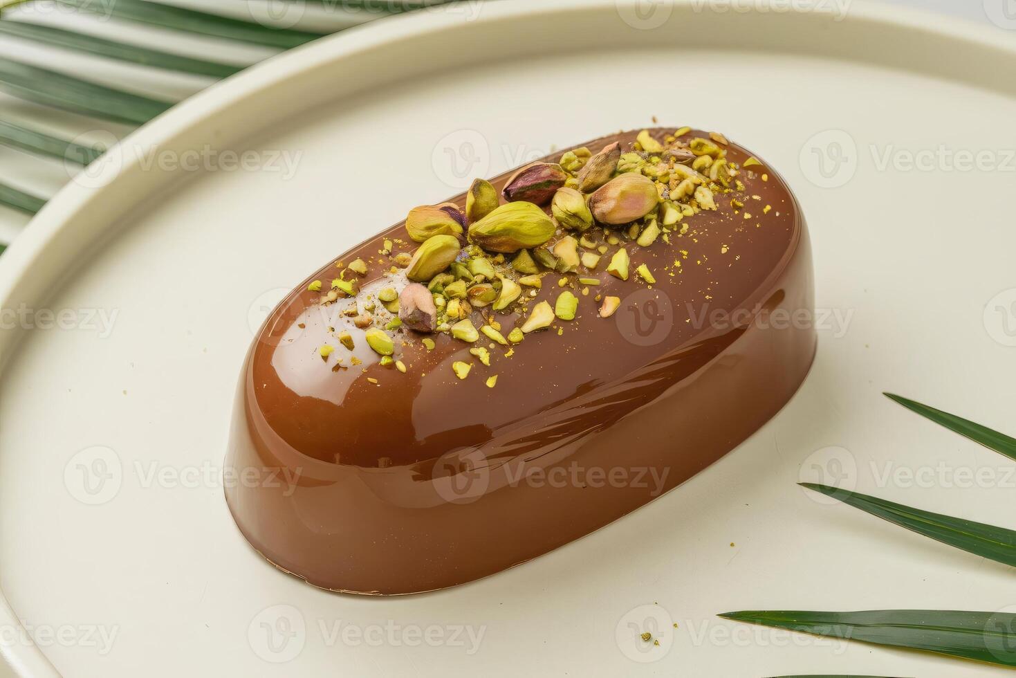 Oval chocolate cake garnished with chopped pistachios on white plate photo