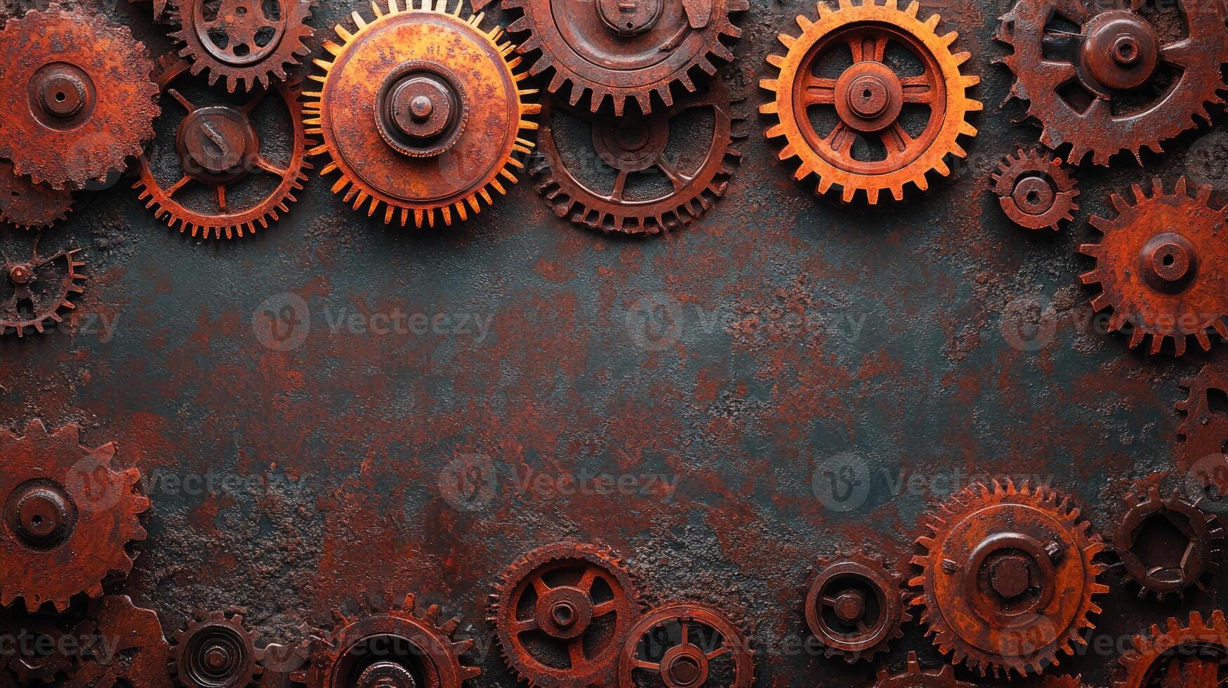 Rusty gears and cogwheels creating a steampunk border on metallic background photo