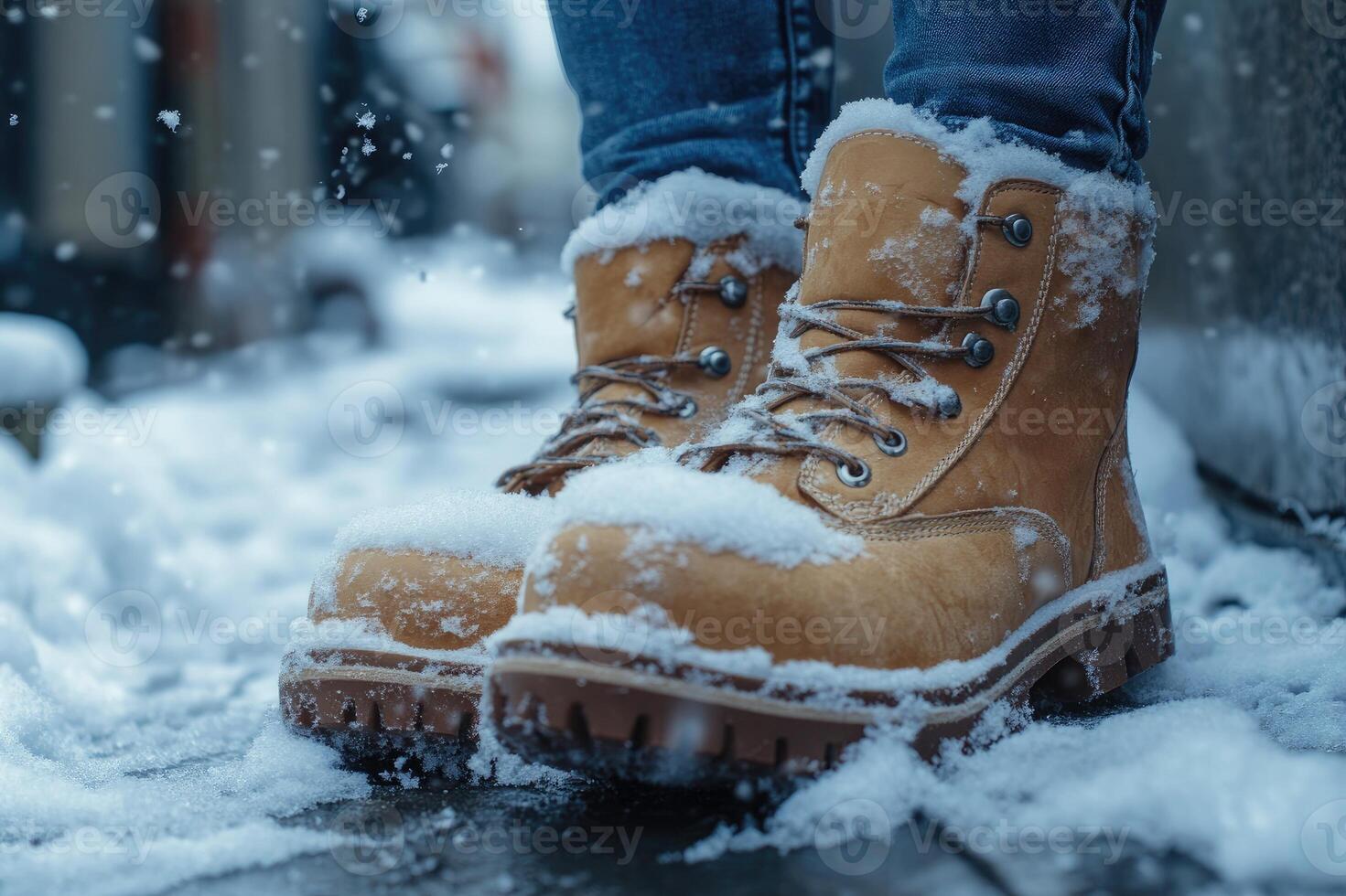 Woman wearing winter boots standing in snow during snowfall photo