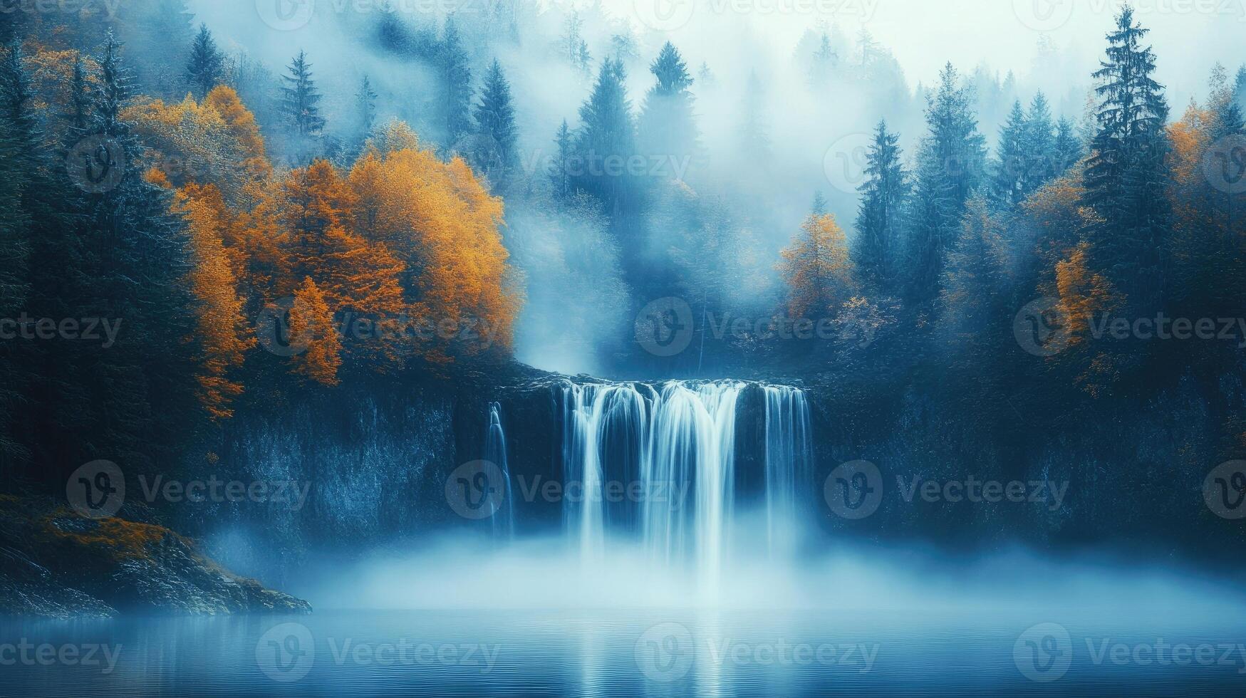 Waterfall cascading into misty blue lake surrounded by colorful autumn forest photo
