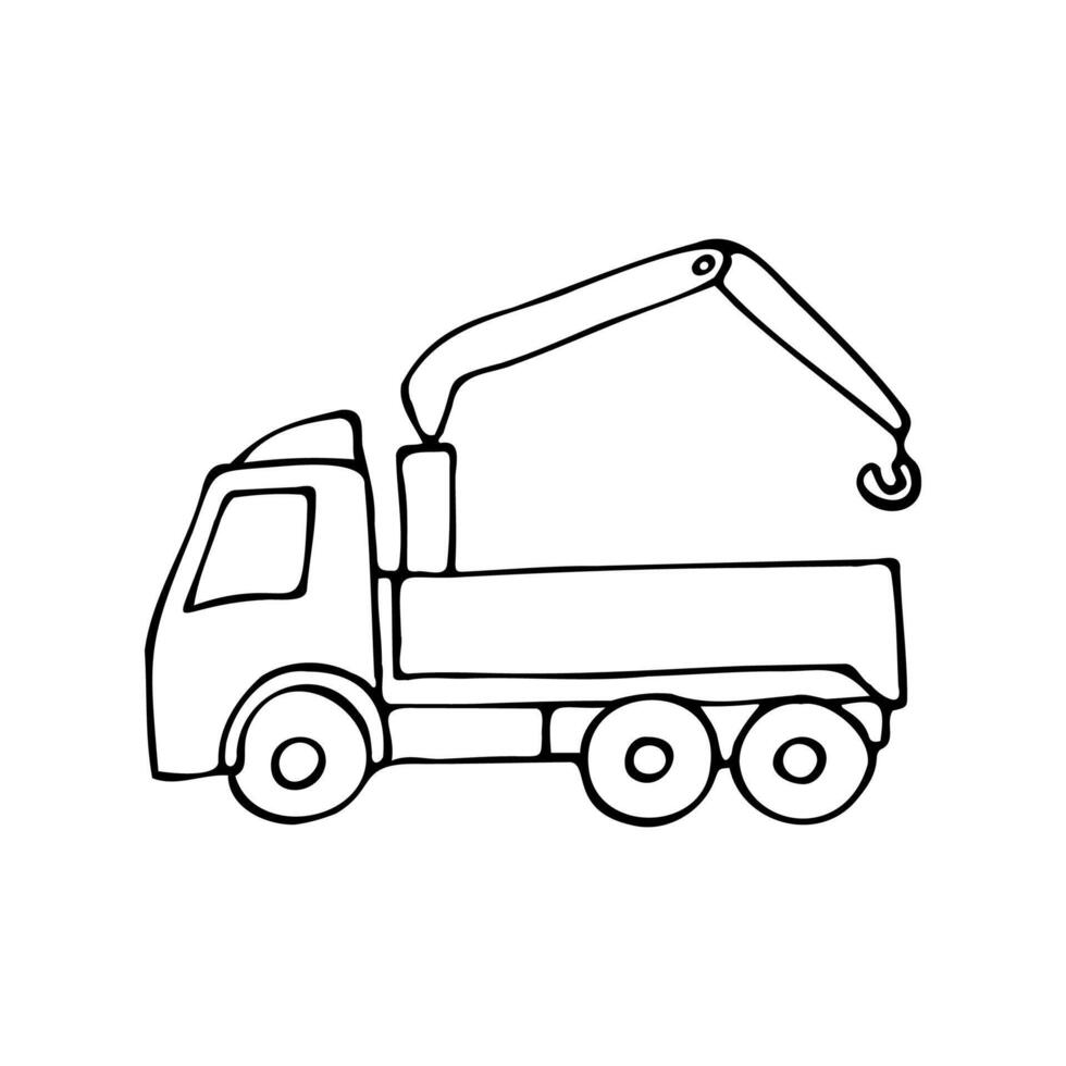 black and white outline drawing of a truck with a crane, hand drawn in a cartoon style. vector