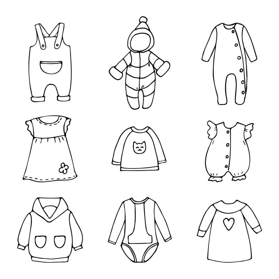a set of black and white outline drawings of children's clothing, hand drawn in a cartoon style. vector