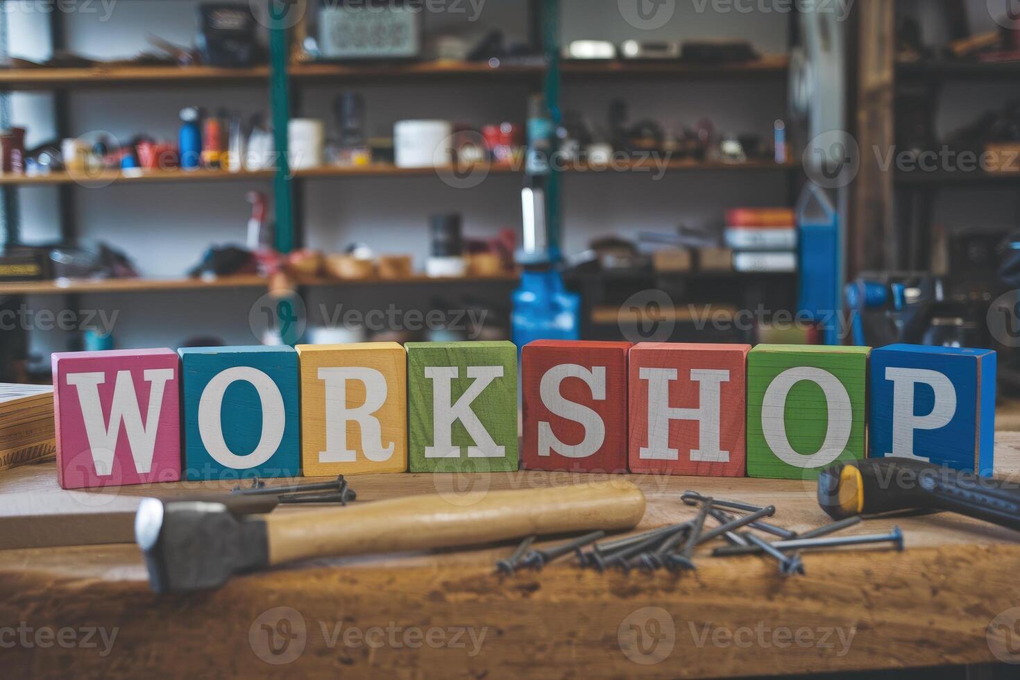 Workshop spelled with colorful wooden blocks on workbench with tools photo