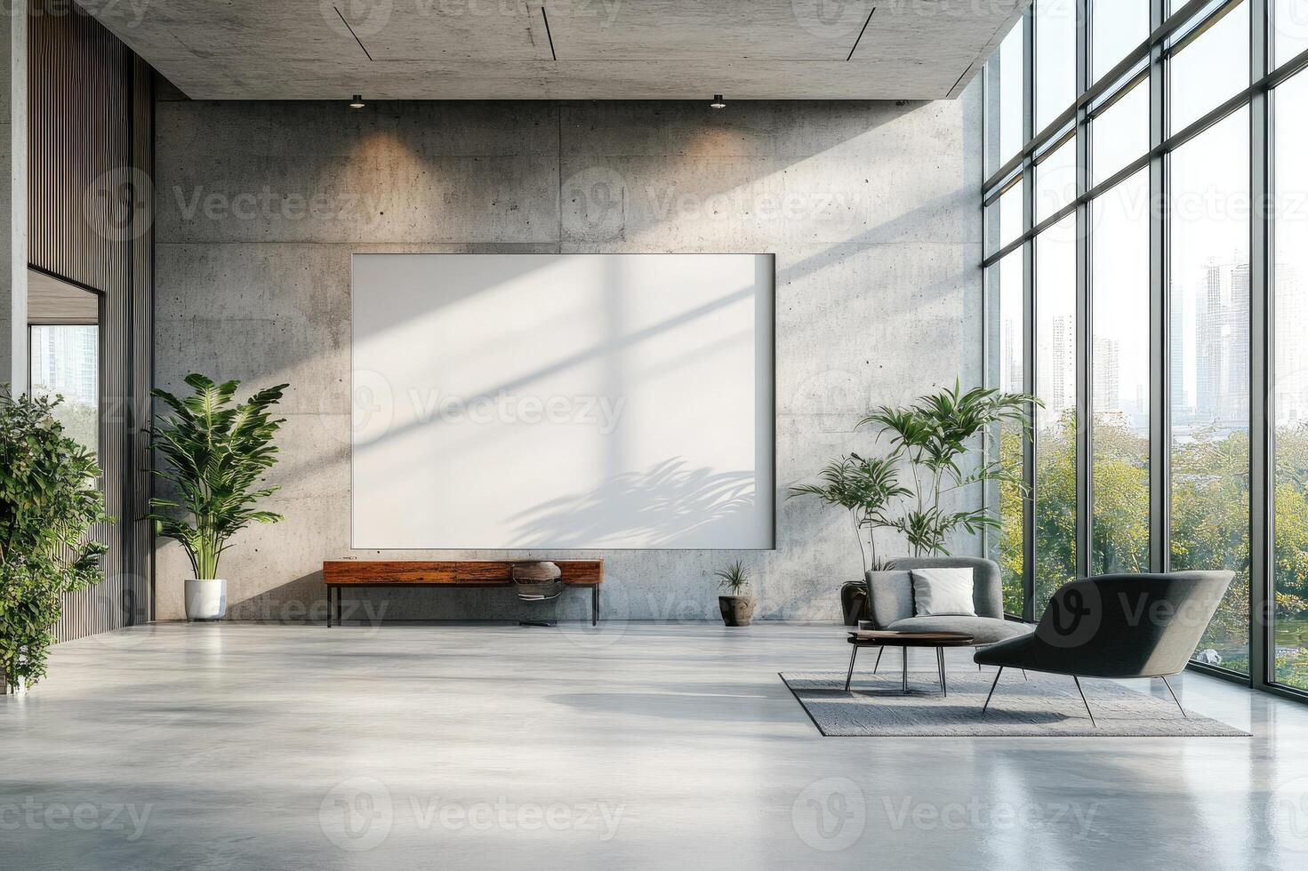 Modern, spacious loft with blank canvas illuminating the concrete walls photo