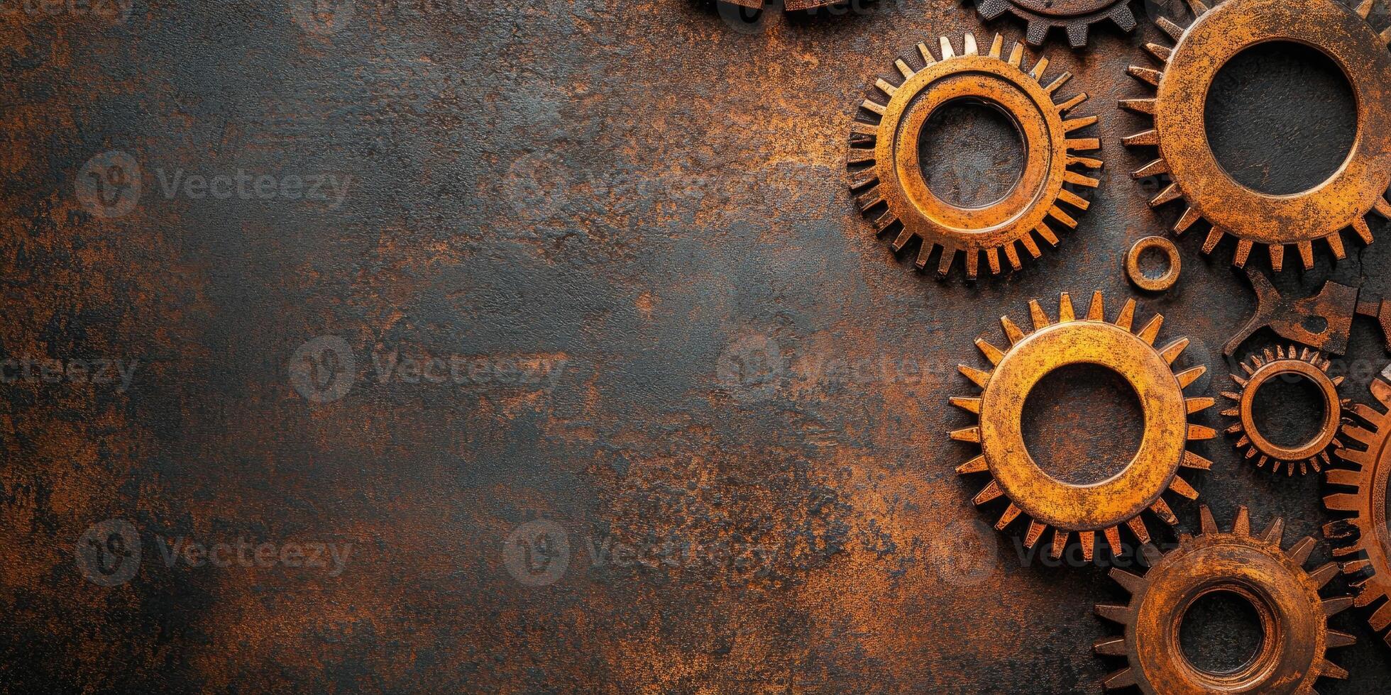 Rusty gears creating a frame on a metallic background photo