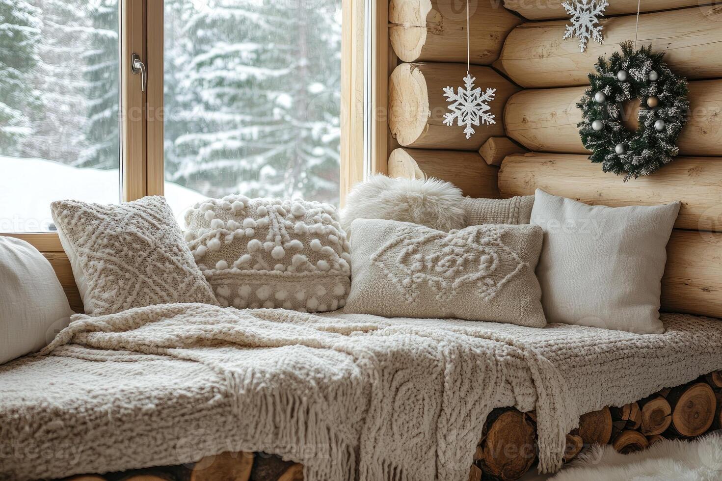 Cozy log cabin interior with knitted plaid and pillows by the window in winter photo