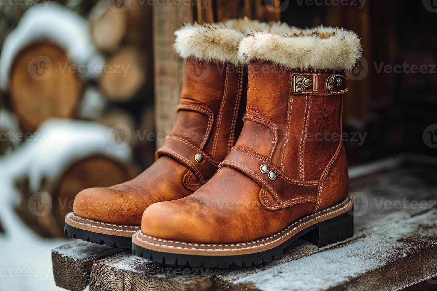 Stylish leather boots resting on wooden surface in winter setting photo