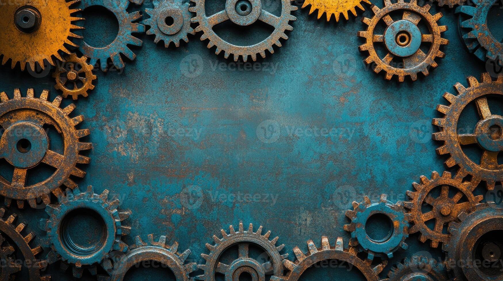 Rusty gears creating a frame on metallic background with copy space photo