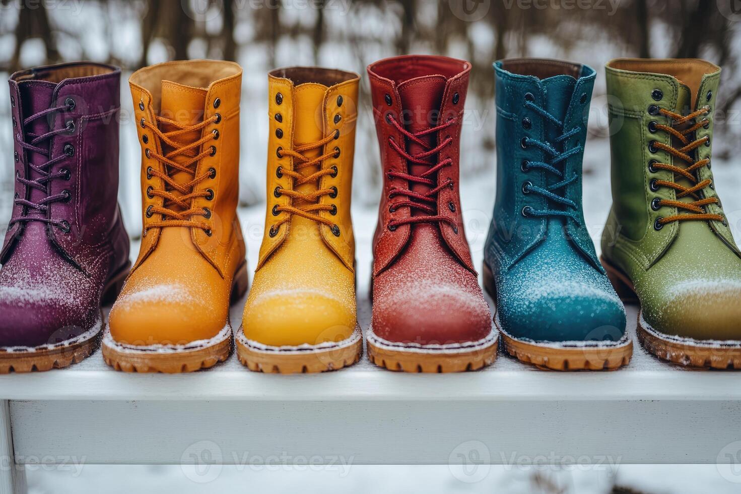 Colorful winter boots covered with snow resting on bench photo