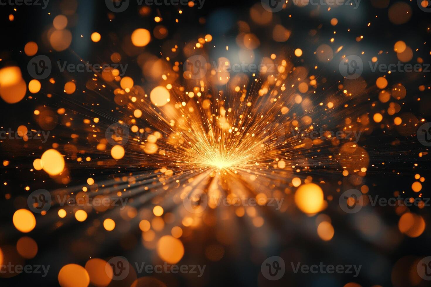Golden sparkles exploding from the center on dark background photo