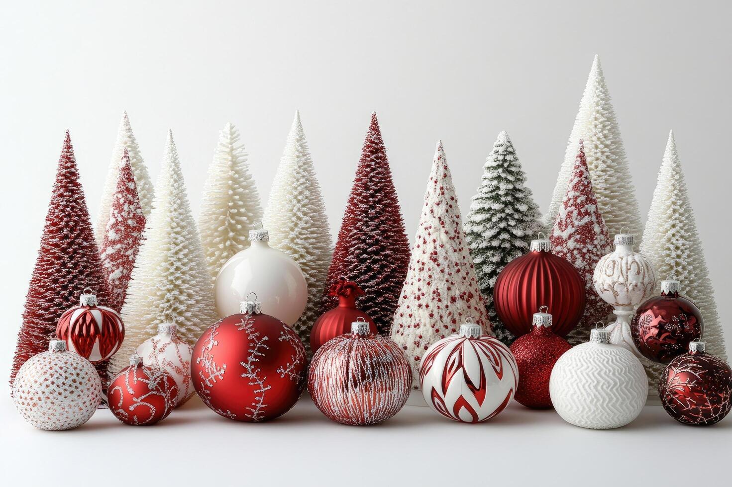 Red and white christmas ornaments and trees creating festive holiday scene photo