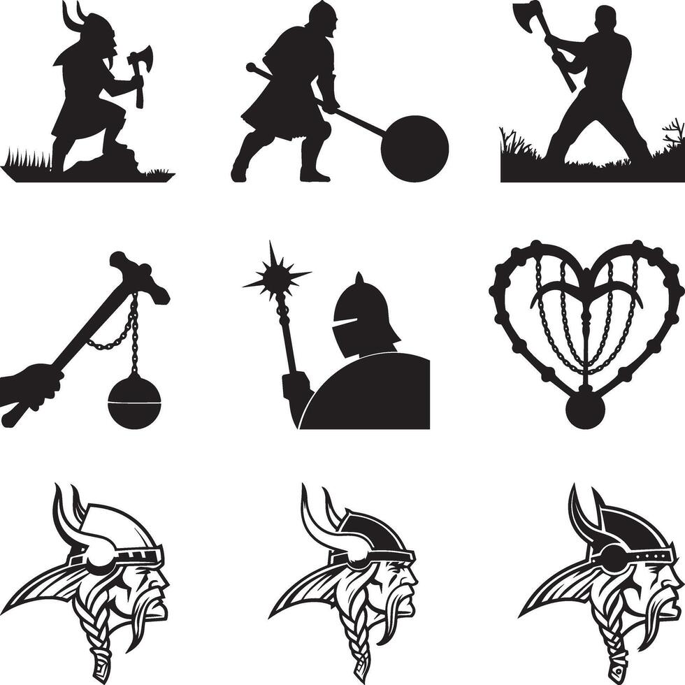 Editable silhouettes of a viking raiding party, helmet and Flail weapons as separate objects vector