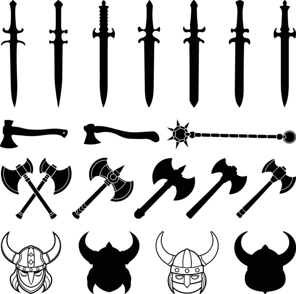 Viking weapons Vectors Silhouette, Metal Sword Old Medieval shield, Viking helmet with horn, axe, bow, spear. with white background