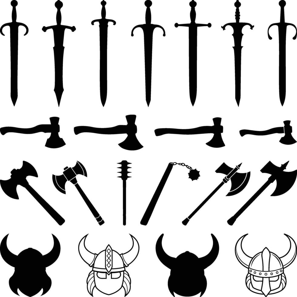 Viking weapons Vectors Silhouette, Metal Sword Old Medieval shield, Viking helmet with horn, hatchet, sword, axe, bow with white background