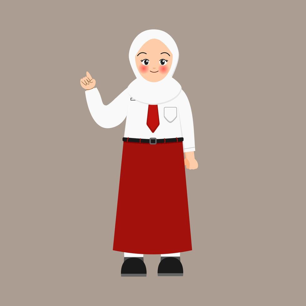 Illustration of pretty girl wearing indonesian elementary school with thumb up pose vector