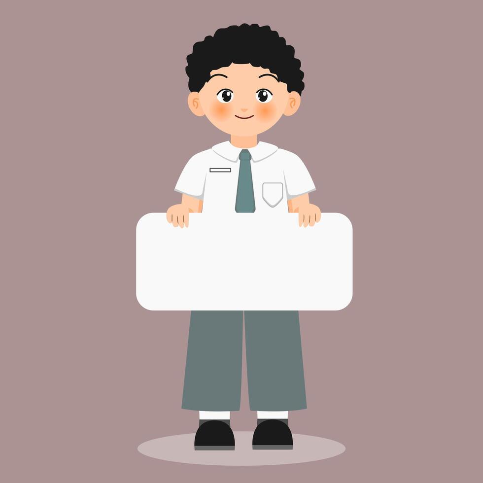 Illustration of boy wearing indonesian senior high school student holding blank board vector