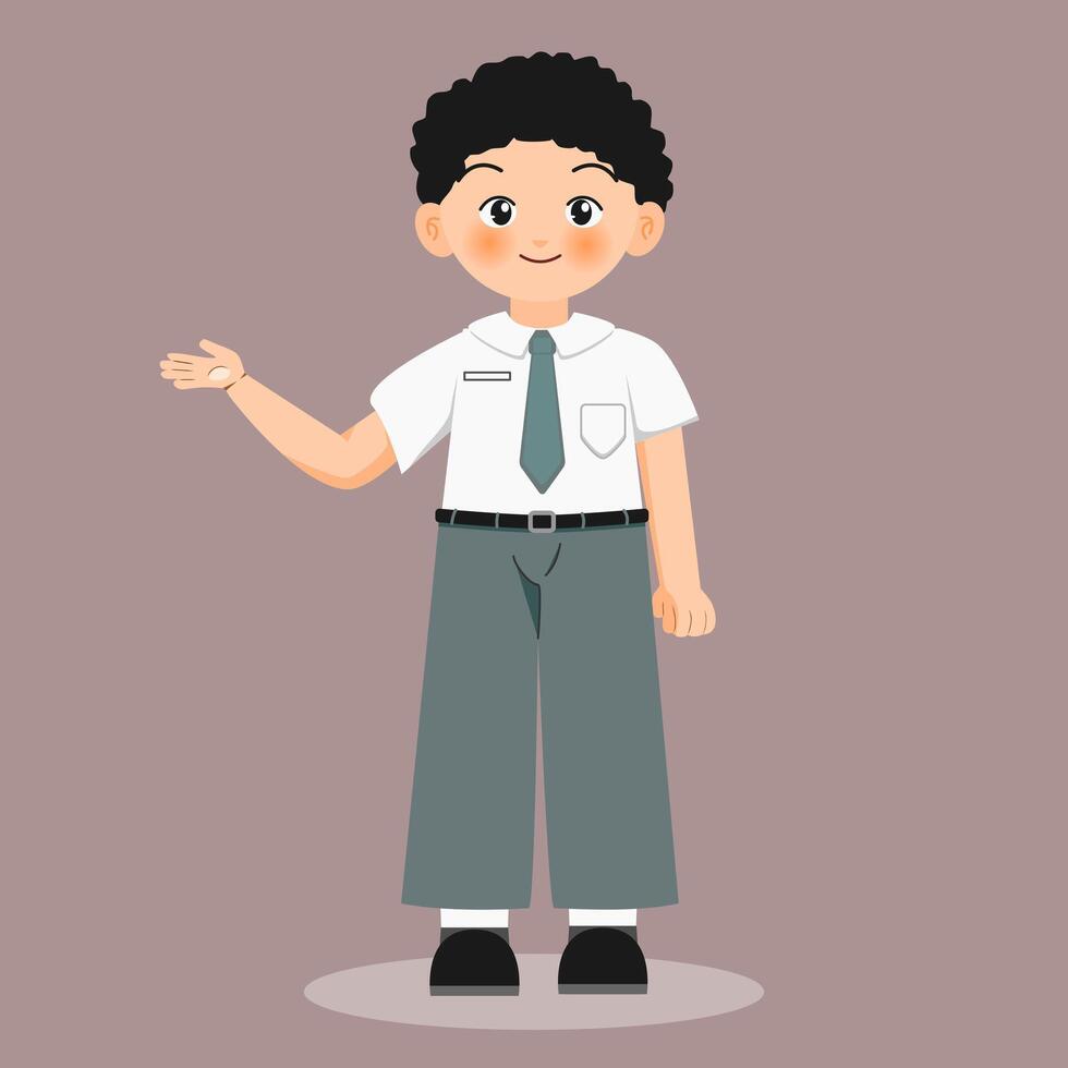 Illustration of boy wearing indonesian senior high school student with open hand pose vector