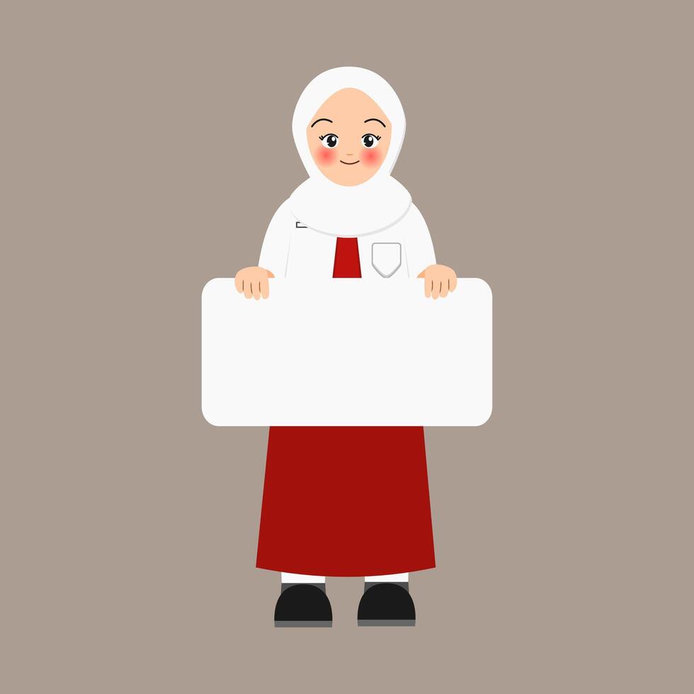 Illustration of pretty girl wearing indonesian elementary school student holding blank board vector