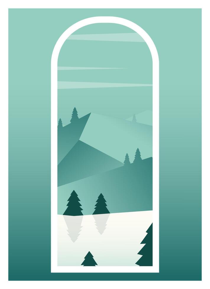 Aesthetic winter mountains landscape view. Morning gradient panorama with pine tree forest vector