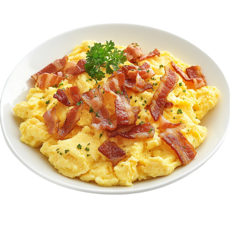 Scrambled Eggs with Bacon on Plate png