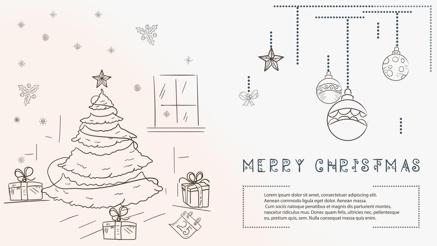 Christmas contour illustration in the style of childrens doodles with the text Lorem Ipsum a festive fir tree and a number of gifts vector