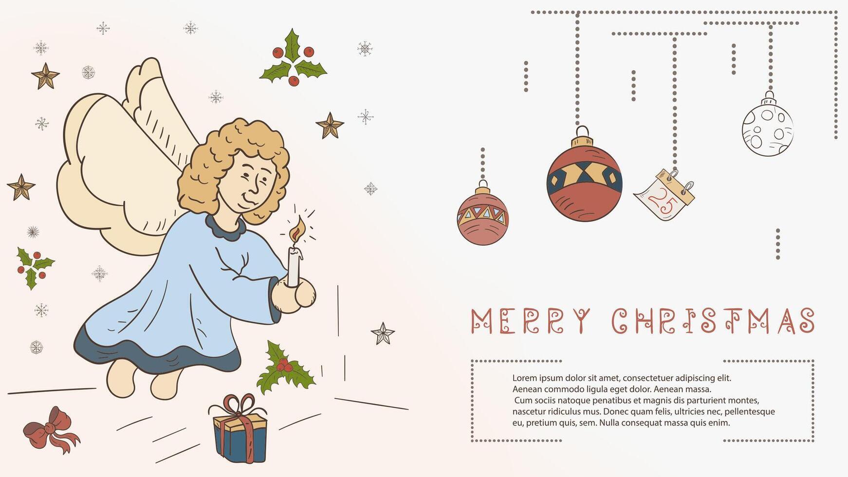 Christmas colored contour illustration in the style of childrens doodles with the text Lorem Ipsum a Christmas angel holding a candle vector