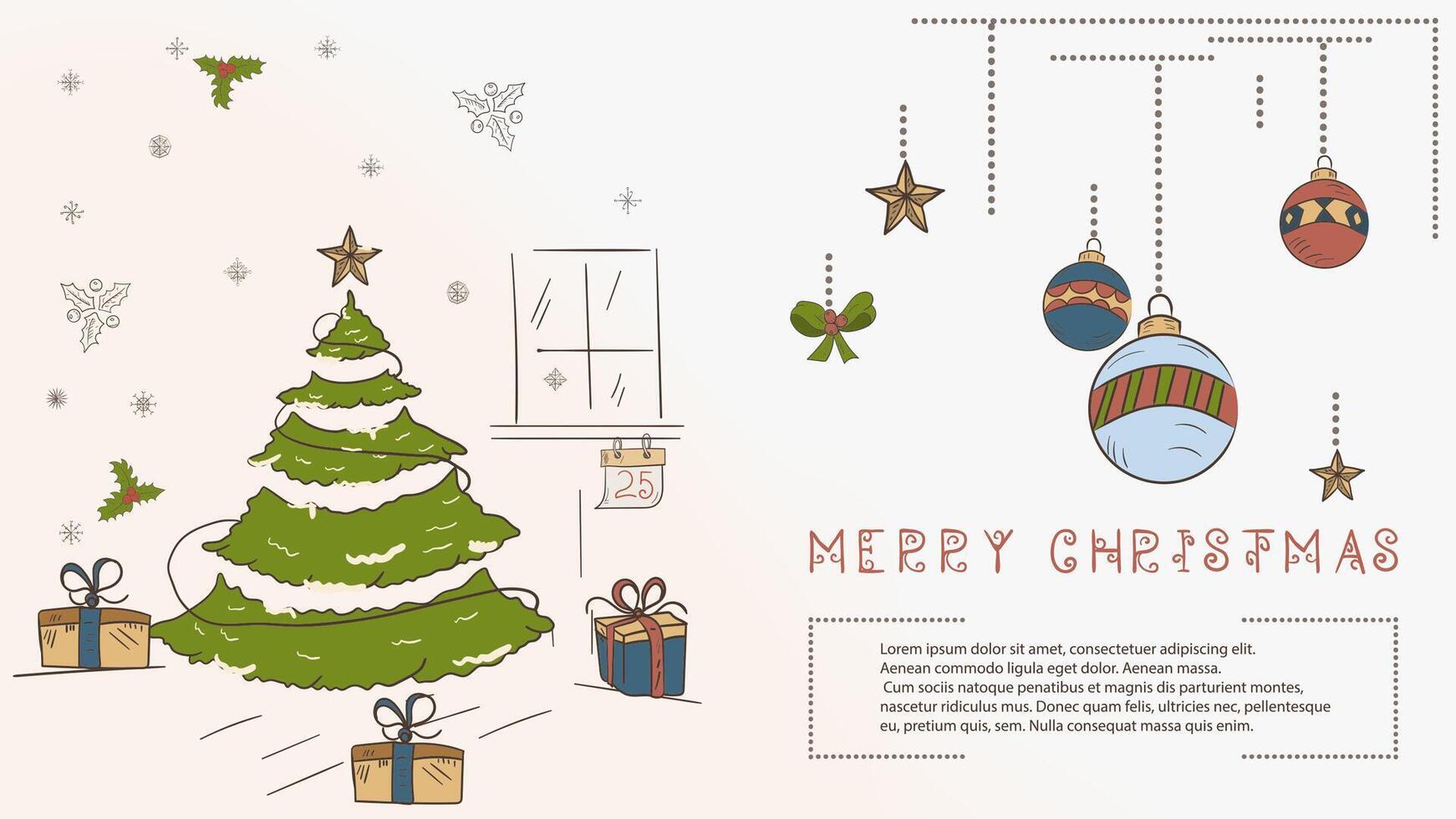 Christmas colored contour illustration in the style of childrens doodles with the text Lorem Ipsum, a festive fir tree and a number of gifts vector