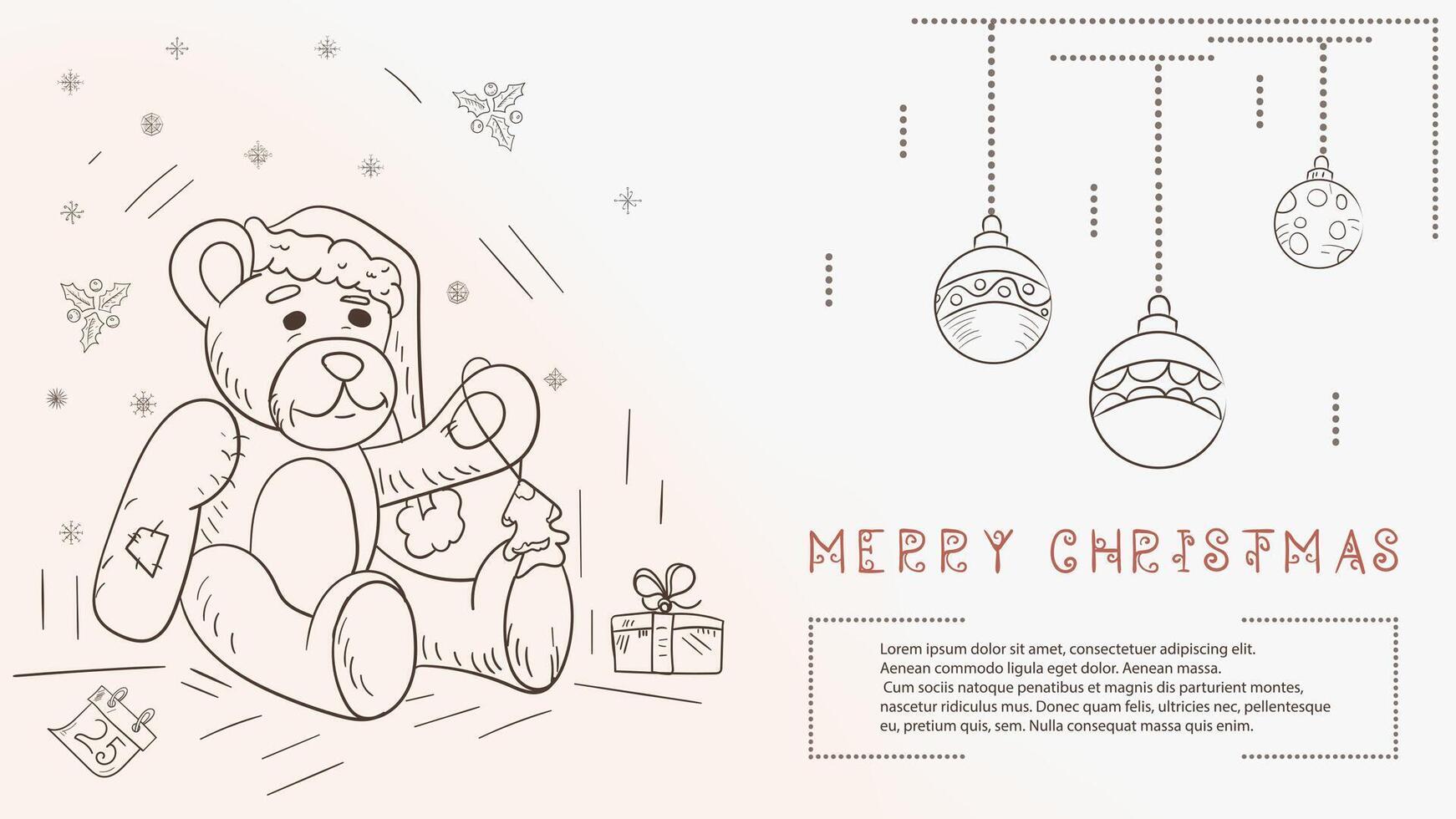 Christmas contour illustration in the style of childrens doodles with the text of Lorem Ipsum a bear toy in a Santa hat vector