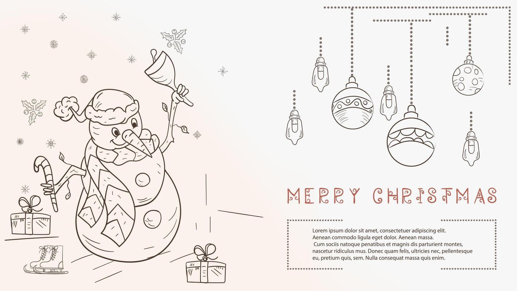 Christmas contour illustration in the style of childrens doodles with the text Lorem Ipsum The Snowman rings the Christmas bell vector