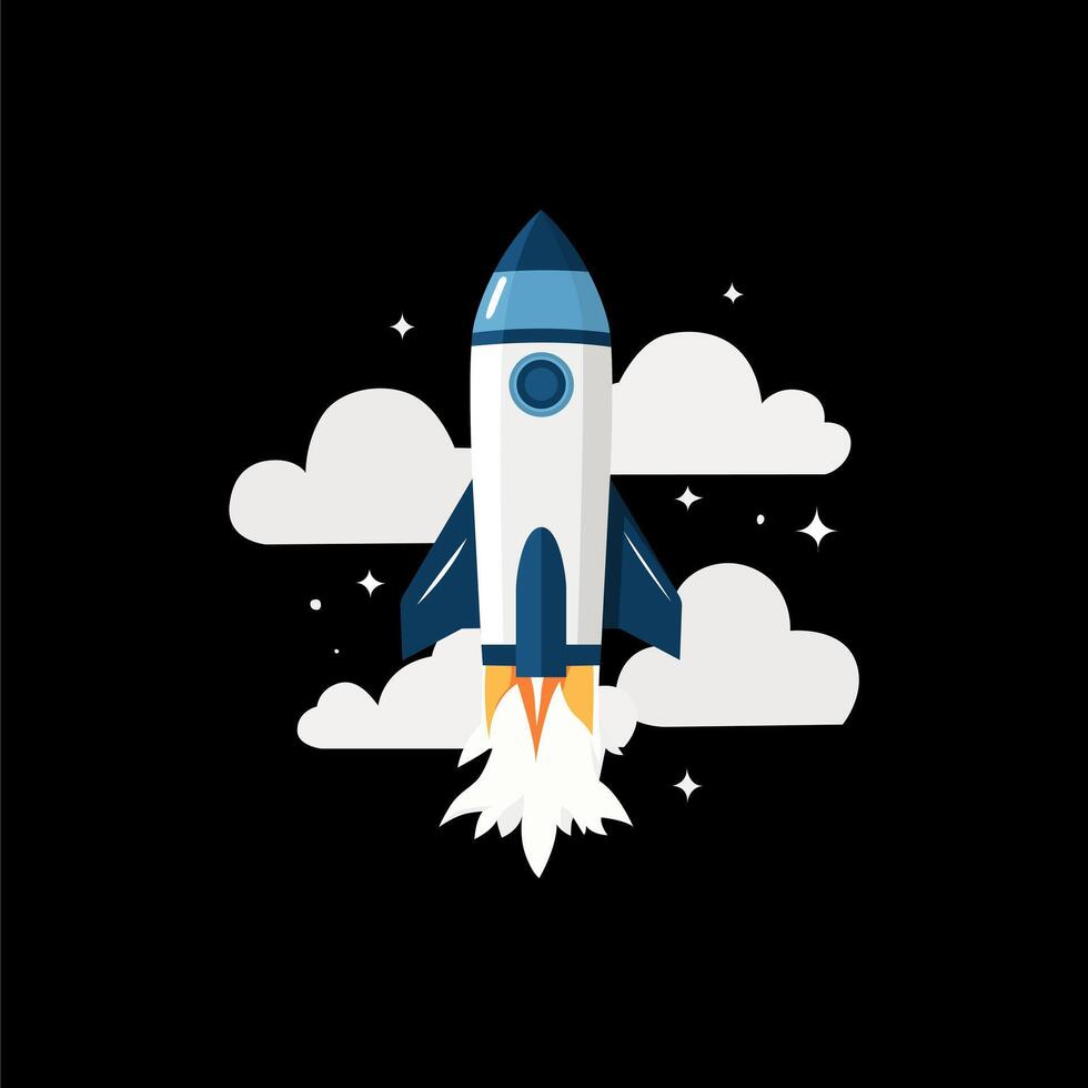 Dynamic Rocket Launching into Outer Space with Vibrant Flames and Cosmic Background vector