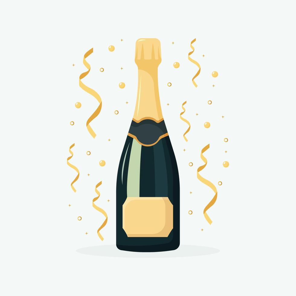 champagne bottle with golden confetti isolated on white background flat illustration vector