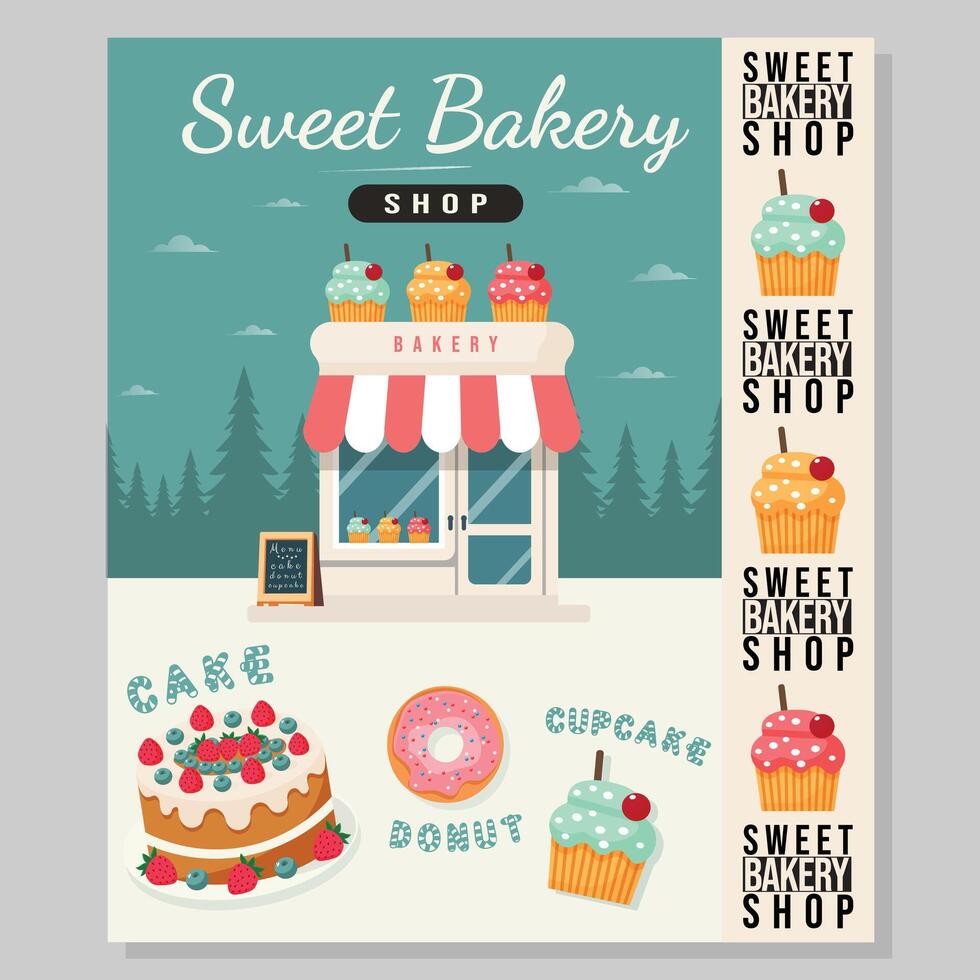 sweet bakery shop poster design with shop cake donut and cupcakes in flat style illustration vector