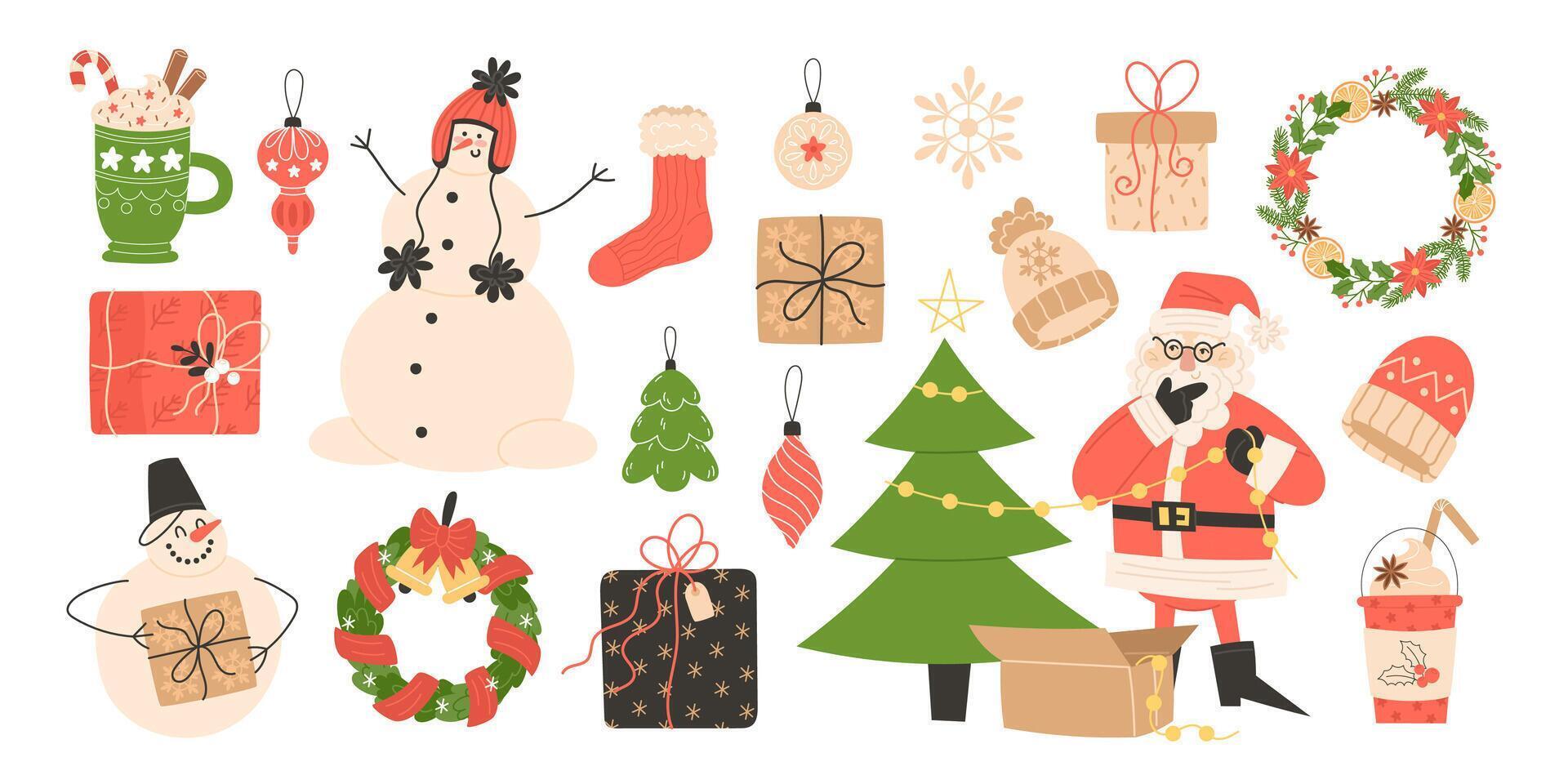 Christmas elements set with Santa Claus and decorations vector