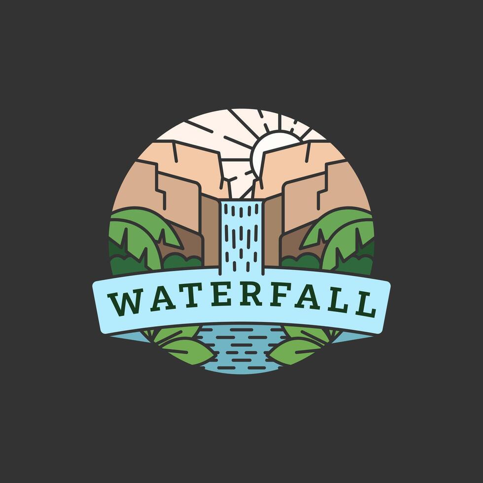 waterfall in the forest illustration monoline color vector