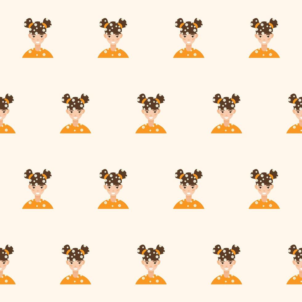 Positive Girl Kid Character Avatar Seamless Pattern Background. Positive Smiling Funny Face Portrait. Happy Birthday Party Wallpaper or Wrapping Paper Print. Joyful Child Portrait Fabric vector