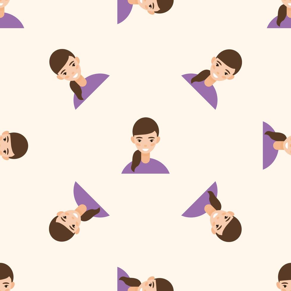 Brunette Happy Girl Kid Character Avatar Seamless Pattern Background. Positive Smiling Funny Face Portrait. Happy Birthday Party Wallpaper or Wrapping Paper Print. Joyful Portrait Fabric vector