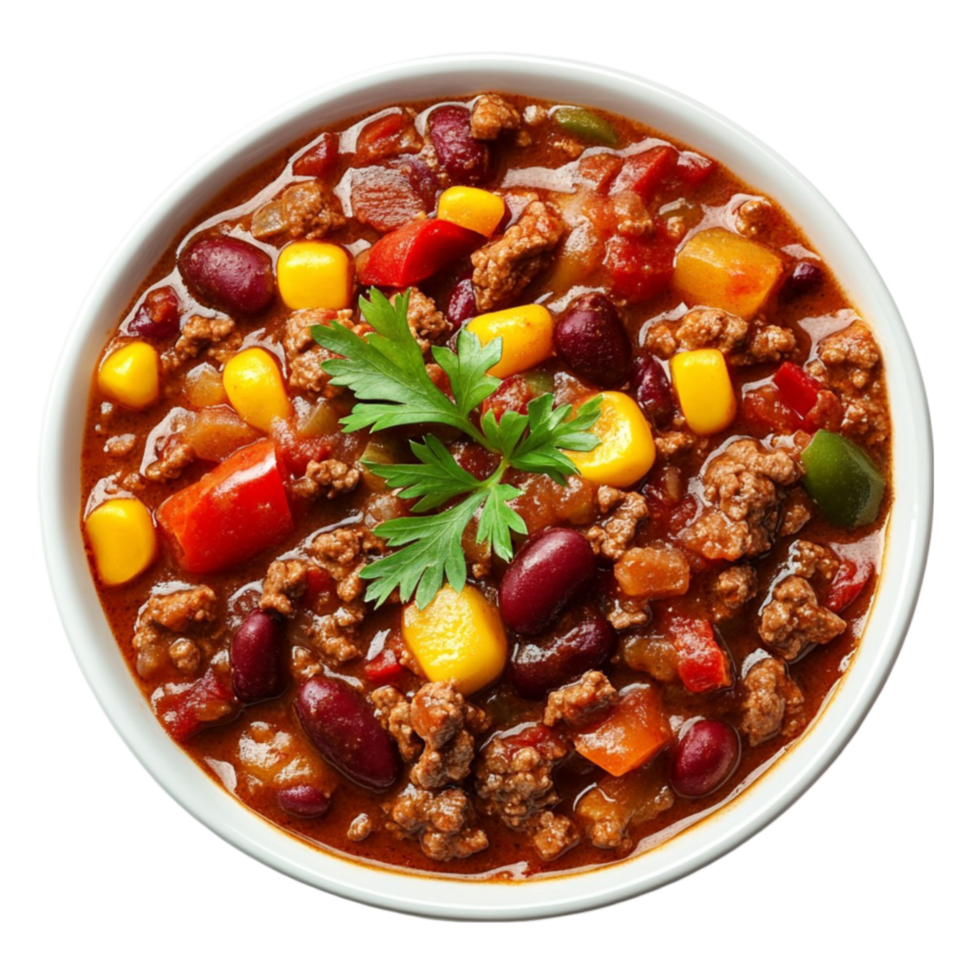 Bowl of Chili with Vegetables and Parsley png