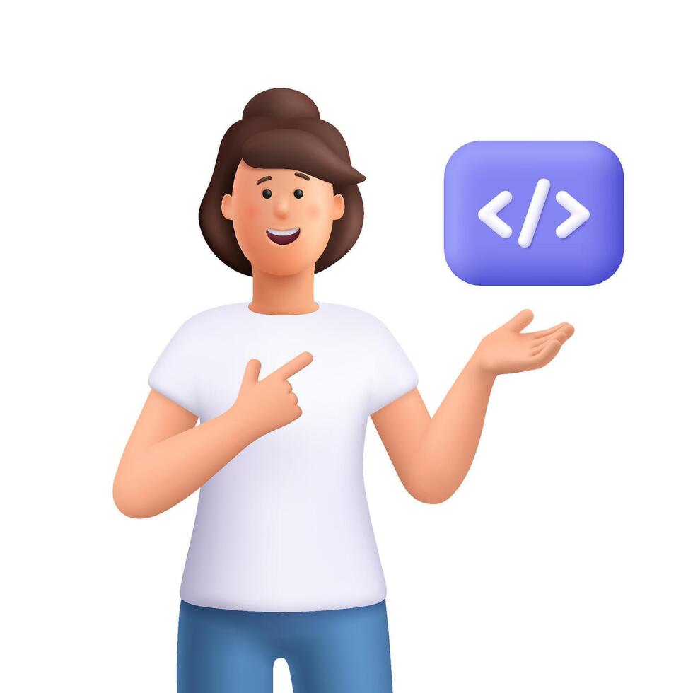 Young smiling woman Jane pointing to programming code symbol. Girl programmer. Web development, programming language and coding concept. 3d people character. Cartoon minimal style. vector