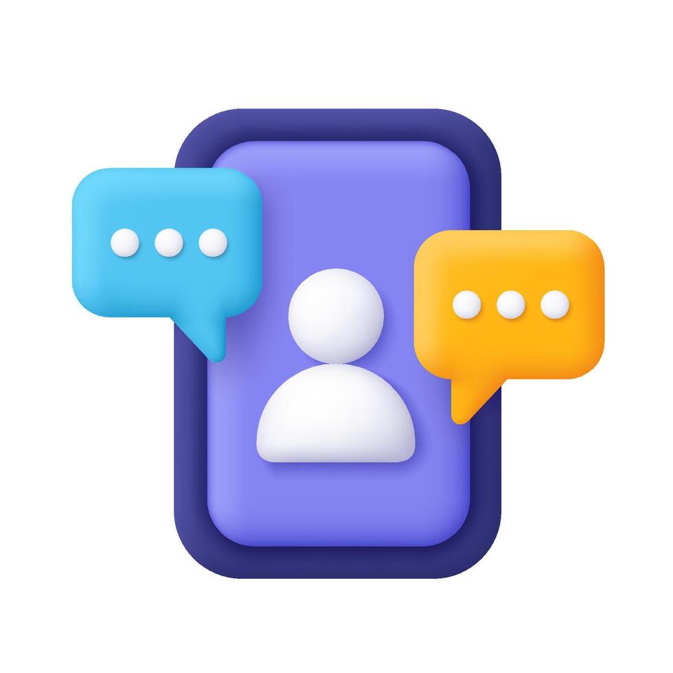 Smartphone with speech bubbles and human avatar icon. Social media, marketing, network, online chatting, call, customer service concept. 3d icon. Cartoon minimal style. vector