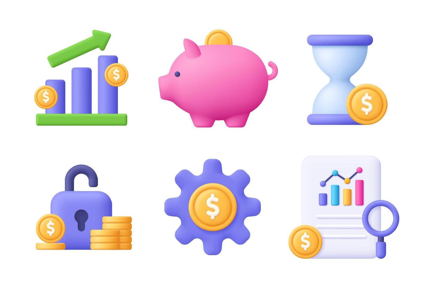 Graph, piggy bank, hourglass, lock, gear, file, coin. Finance 3d icon set. Cartoon minimal style. vector
