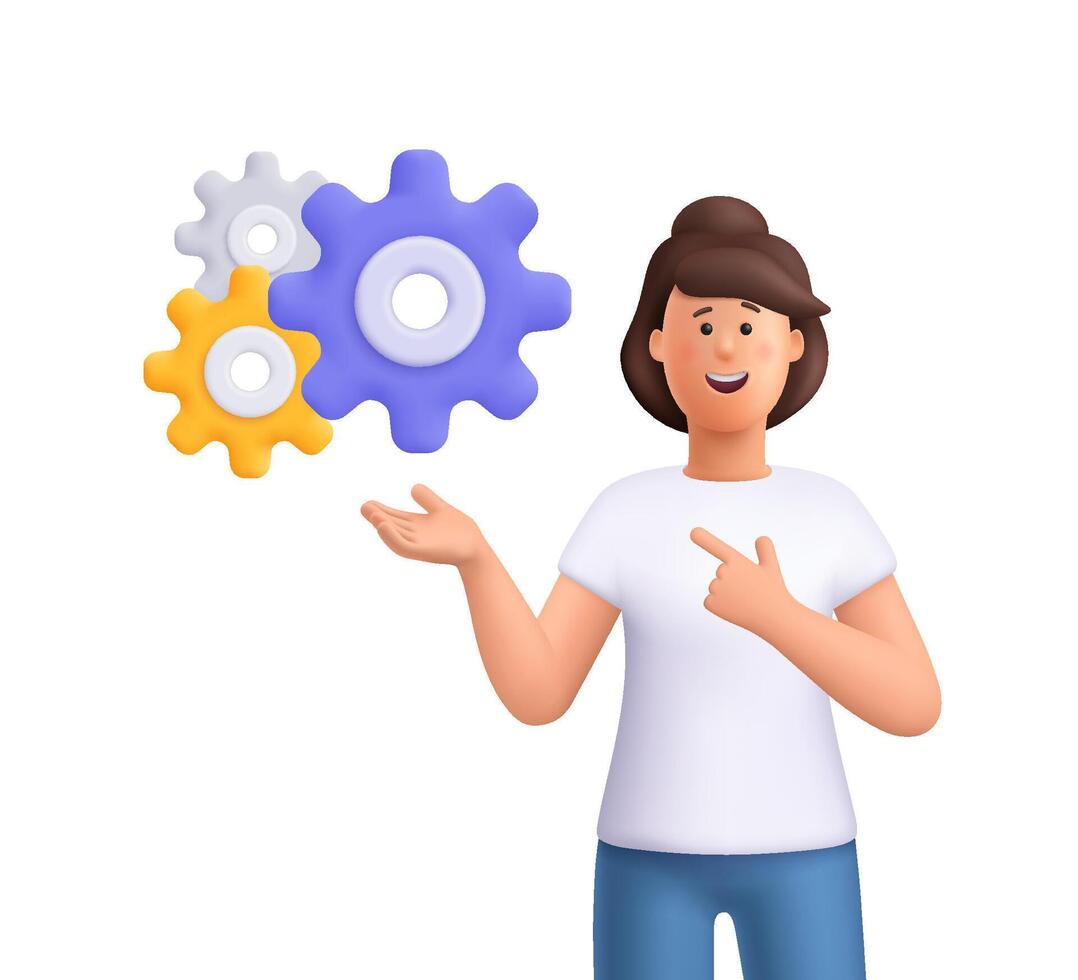 Smiling woman Jane pointing to configuration setting gears or cogwheels. Strategic thinking, system processes, problem solution concept. 3d people character. Cartoon minimal style. vector