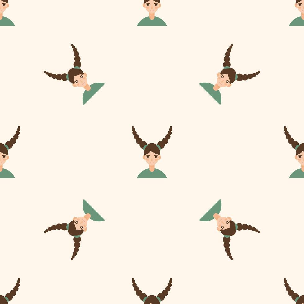Happy Girl Kid in Green Character Avatar Seamless Pattern Background. Positive Smiling Funny Face Portrait. Happy Birthday Party Wallpaper or Wrapping Paper Print. Joyful Child Portrait Fabric Art vector